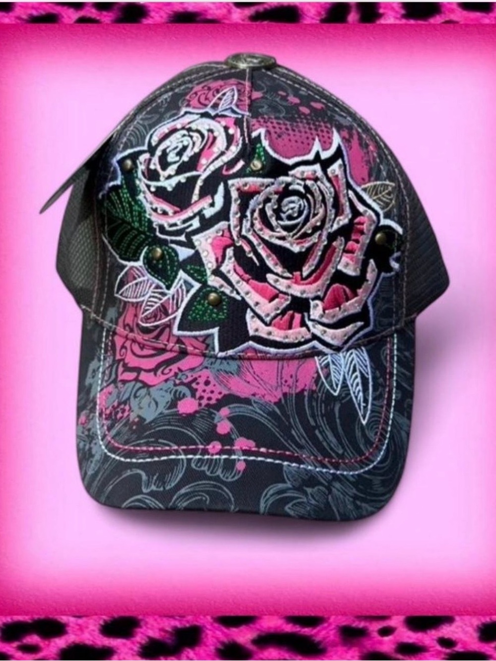 Y2K Rhinestone Rose Trucker Hat McBling Bedazzled Mesh Unisex Adjustable NWT Cap